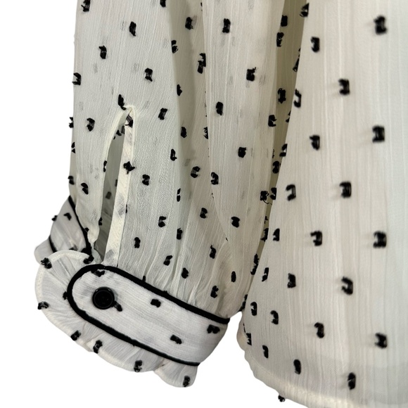 Talbots WM Tie Neck Top White with Black Embroidered Small Dots and Ruffle Neck - Picture 5 of 8